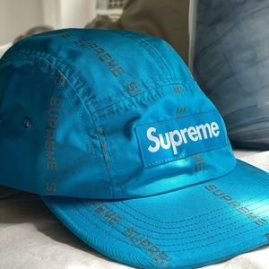 Supreme Reflective Text Camp Cap in Blue